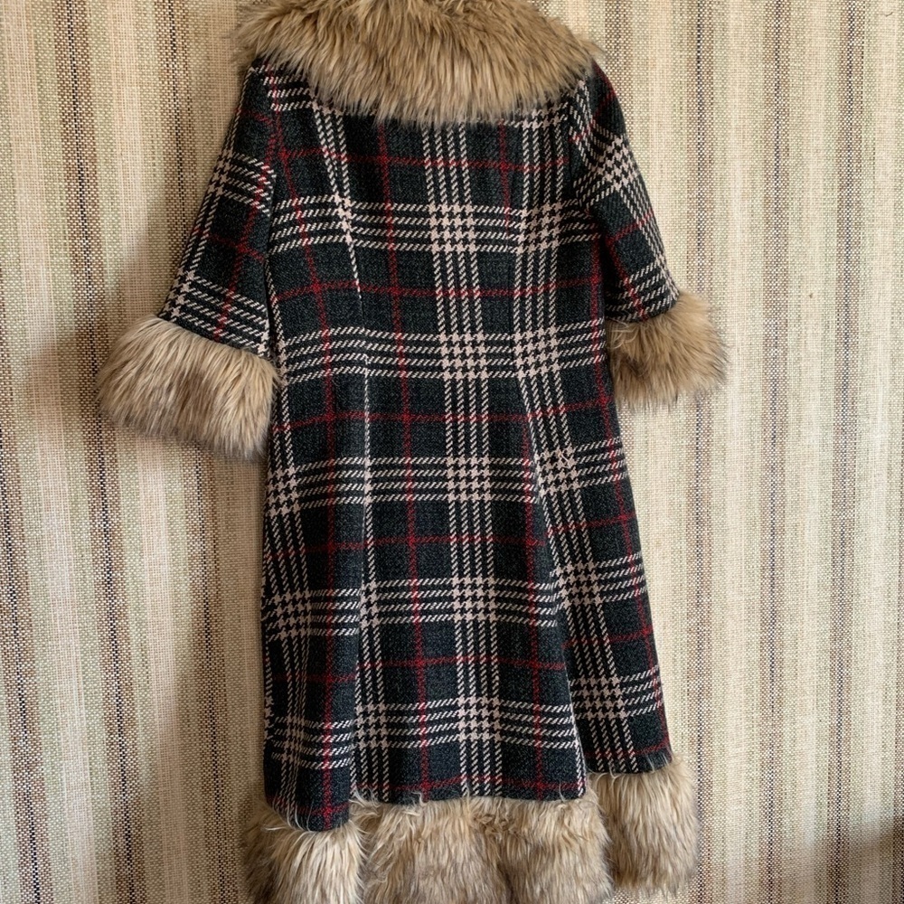 Vintage BANNED Plaid Faux Fur Trim Trench Coat Jacket Chic Fashion Designer - Picture 5 of 6